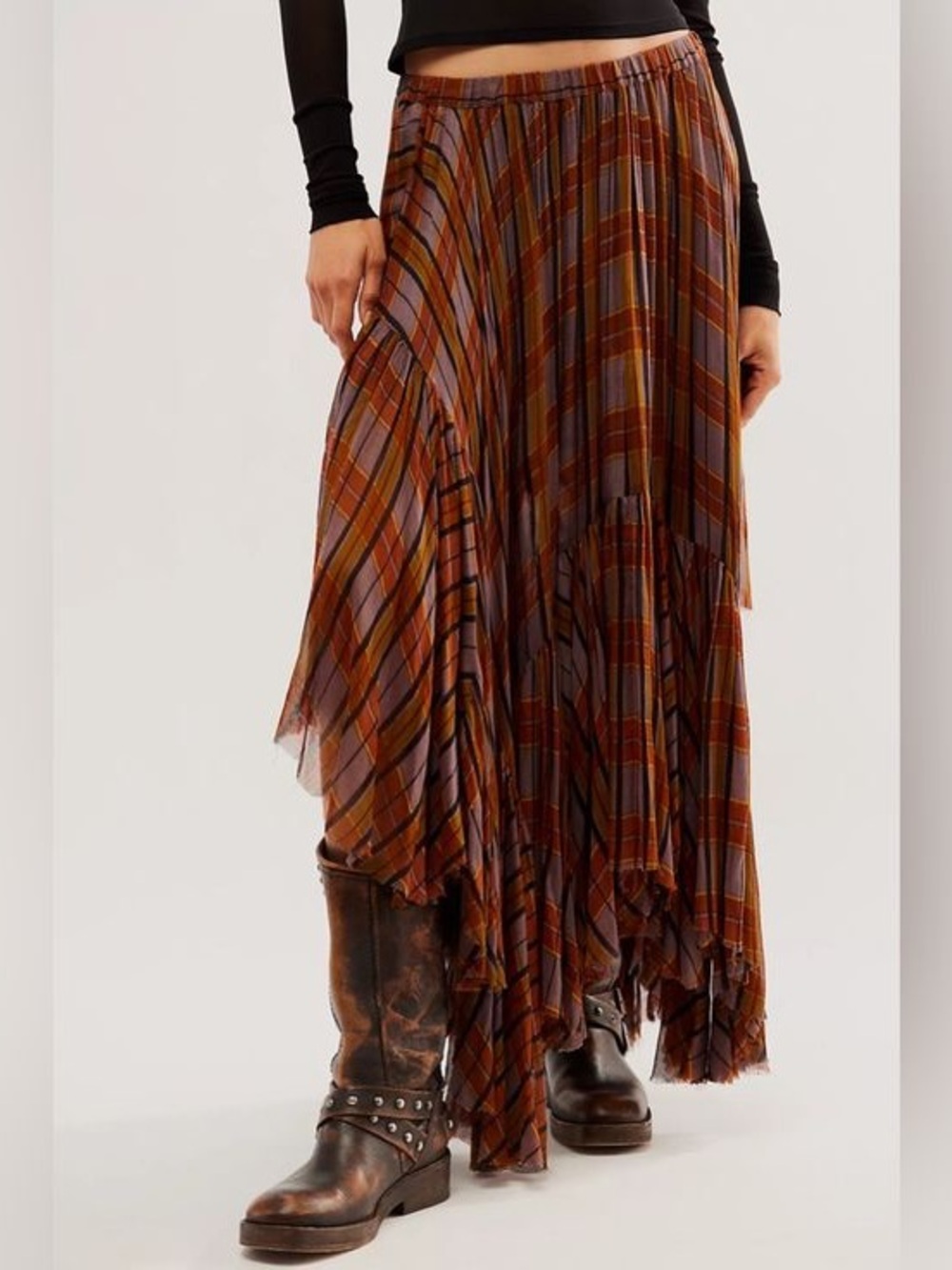Free People Asymmetrical Plaid Ruffle-Hem Skirt in Rust and Gray